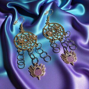 Handmade By Donovan Halloween Spider Web Pearl Dangle Earrings Gold Black Purple